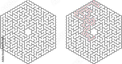Two hexagonal maze puzzles one solved with red path displaying the solution