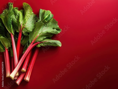 Fresh rhubarb stalks with green leaves on a vibrant red background ready for cooking or baking in a kitchen setting