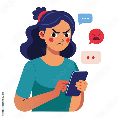 Angry woman online, texting hate comment on mobile phone. Aggressive person with smartphone, chatting in social media, internet conflict. Flat vector illustration isolated on white background 