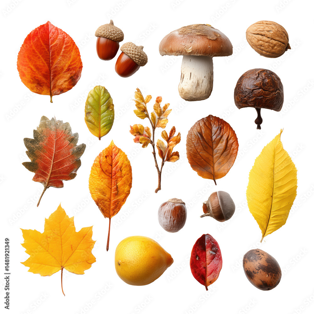 Obraz premium Autumn Leaves, Nuts, and Mushrooms , isolated on white background png