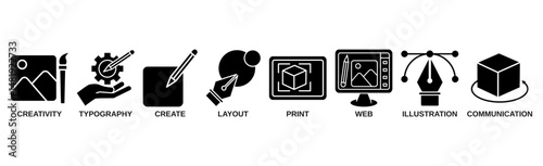 Graphic design banner web icon vector illustration concept with icon of creativity, typography, create, layout, print, web, illustration and communication 