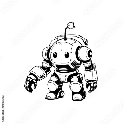 Monochrome depiction of a whimsical and endearing round futuristic robot figure