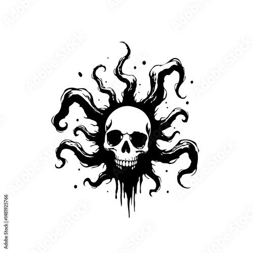 Mystical Skull with Tentacle-like Extensions Emanating in a Monochrome Style