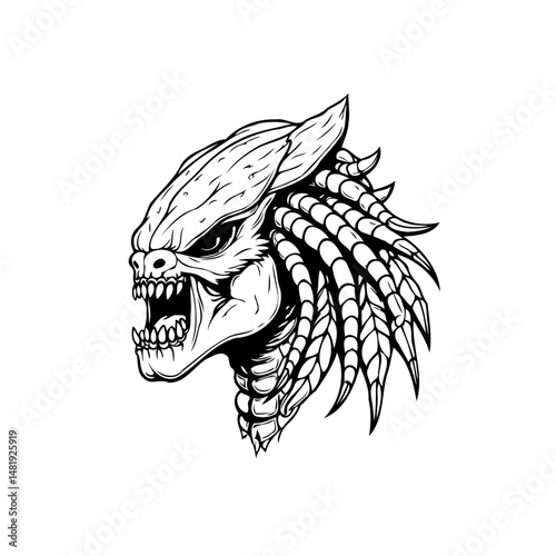 Monochrome rendering of a menacing extraterrestrial creature with detailed features