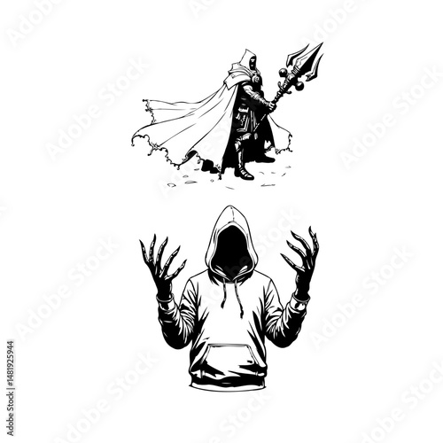 Monochrome illustration showcasing a fantasy warrior figure and hooded sinister presence