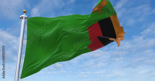 Zambia flag with flagpole waving in wind, rolling clouds background looping, 4K video (Perfect Loop)