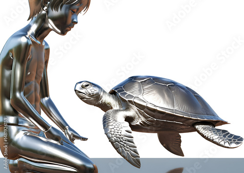 A green reptile, a turtle with a shell, is isolated on a white background
