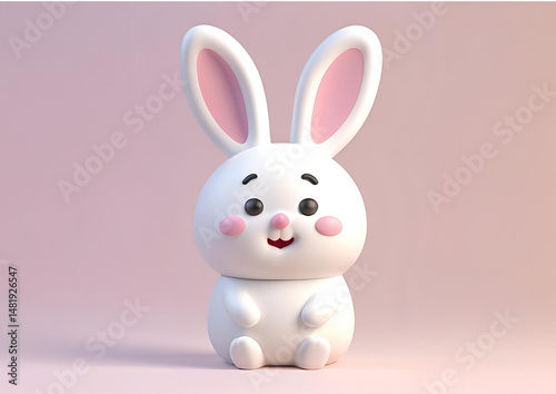 A cute pink cartoon bunny, a happy spring animal, holds a blue Easter egg illustration