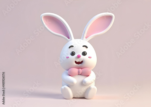 Cute Easter bunny, a white rabbit with a pink bow and ribbon, holds an egg in a fun cartoon illustration