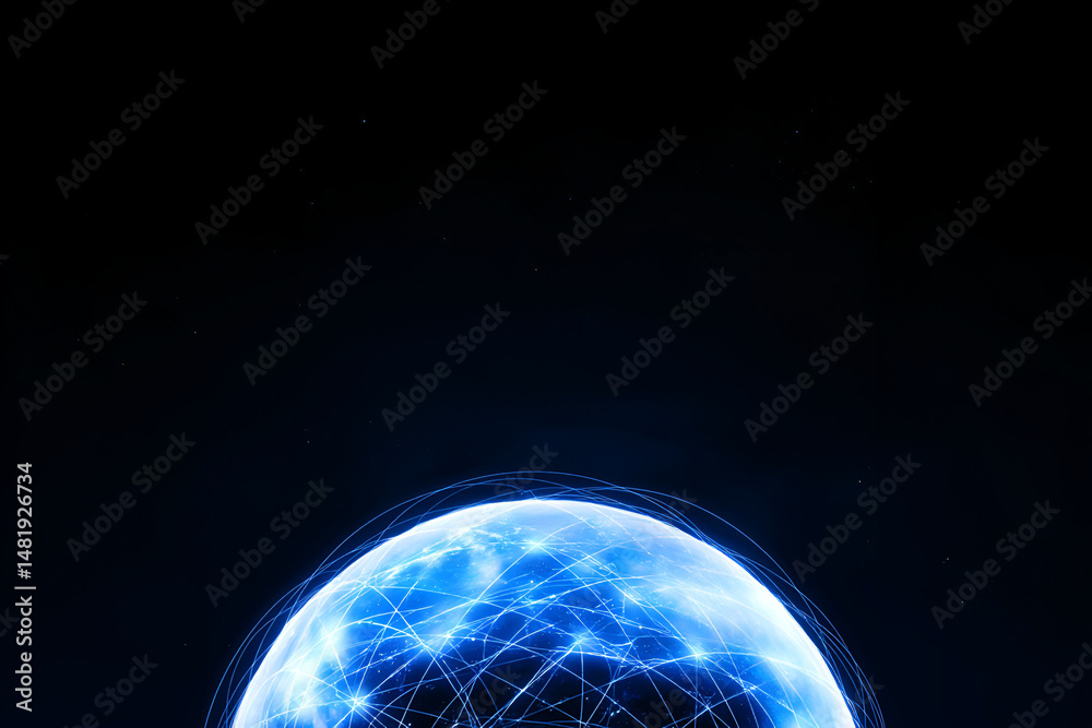 Naklejka premium Connected world with network sphere and glowing nodes against a dark void background