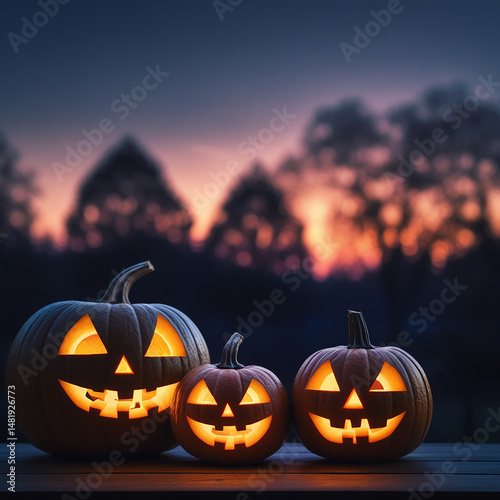 Glowing Jack-o'-Lanterns on Wood at Twilight – Halloween Pumpkins with Warm Candlelight Glow