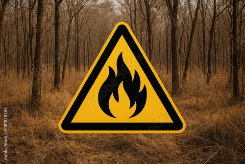 A warning sign indicating fire hazard in a dry forest area. Emphasizes the importance of fire safety and awareness in natural landscapes.