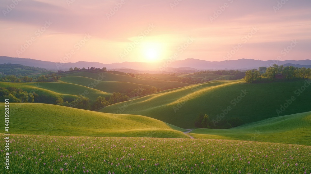Fototapeta premium Sunrise over rolling green hills