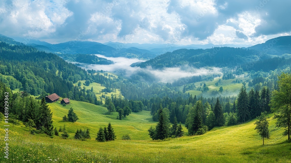 Fototapeta premium Serene mountain landscape with forests and misty valleys on a sunny day
