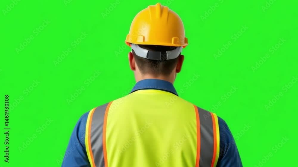 Construction Worker Focused: A back view of a construction worker, dressed in a yellow safety helmet and reflective vest, against a vibrant green screen, embodying safety and the skilled trades.