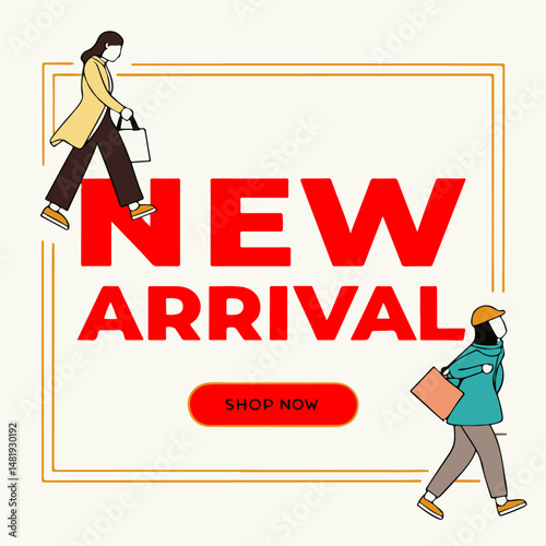 New  Arrival - shop now design. Clothes tag layout with message pointing on new item from renewed collection. Vector illustration.