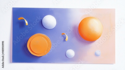 Abstract geometric composition with orange and white 3D spheres and shapes on a blue to peach gradient background.