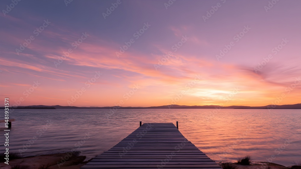 Fototapeta premium Pink and orange sunset casts serene glow over calm bay with wooden dock leading into tranquil waters