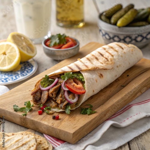 Turkish Döner Wrap (Dürüm) with Grilled Meat and Vegetables photo