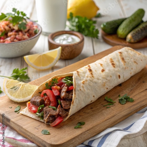 Turkish Döner Wrap (Dürüm) with Grilled Meat and Vegetables photo
