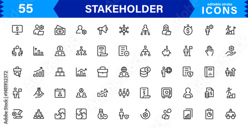 Stakeholder Management Icons for Business and Project Strategy. A professional collection of vector symbols representing roles, interests, and influence.