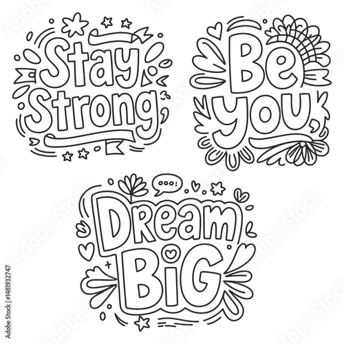 This coloring book page features a motivational theme Adventures of Young Dreamers