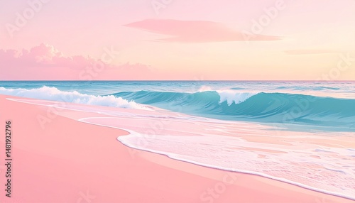 Beautiful pink beach and turquoise ocean waves during a pastel sunset summer day
