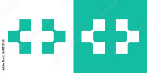 Negative space cross logo with modular square elements. Minimalist digital health and care symbol.