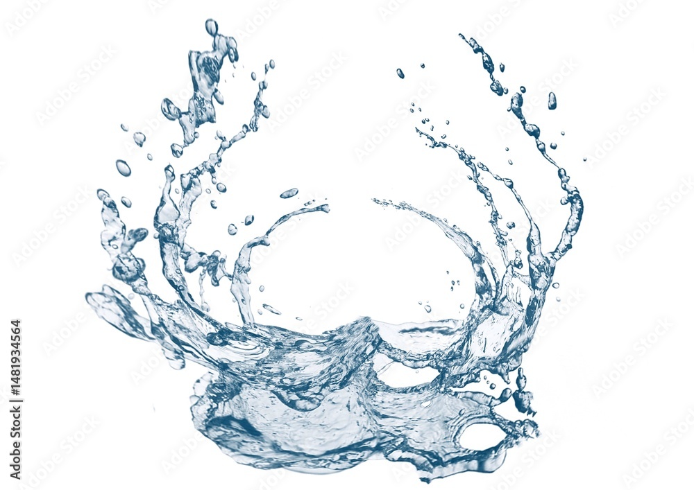 Obraz premium 白い背景に抽象的な青い波と水しぶきが飛び散った3dイラスト