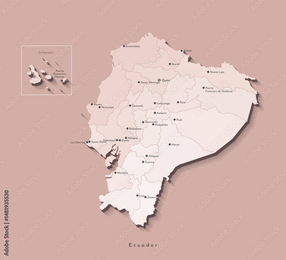 Fototapeta premium Vector isolated illustration. Simplified administrative map of Ecuador with Galapagos islands in beige colors. Brown background and outlines. Names of Ecuadorian big cities and provinces