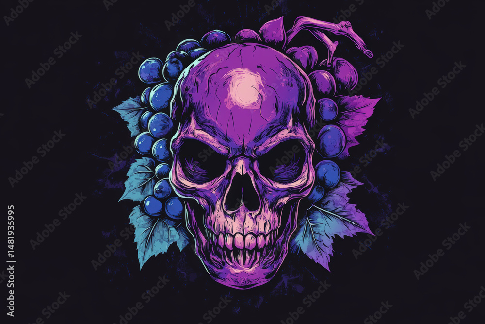 Fototapeta premium Skull and Grapes T-Shirt Design. A detailed illustration featuring a skull design with grapes and leaves, perfect for a unique t-shirt print.