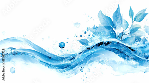 Serene blue water waves with splashing droplets and delicate leaves