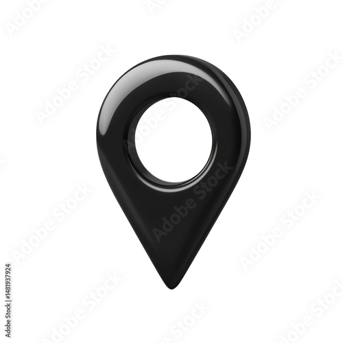 Sleek black 3D map pin glossy finish elegant design isolated on pure black on transparent background