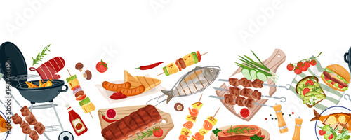 Party grilled food border. Summer picnic BBQ seamless pattern. Flat vector banner with barbecue grill, sausages, meat skewers, steak, fish and shrimp, burger and vegetables grill, with copy space
