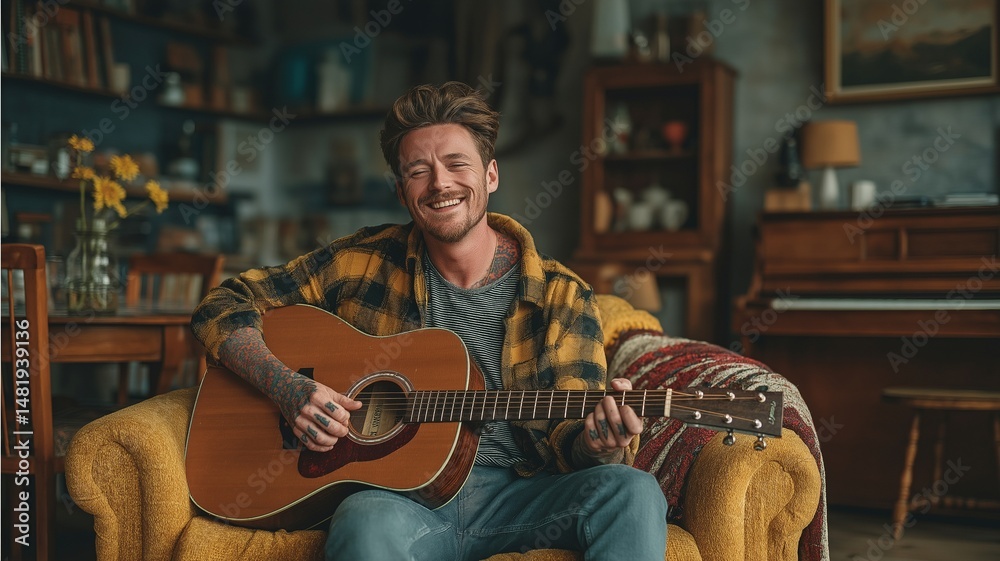 Obraz premium A contented man home, strumming a guitar in an armchair