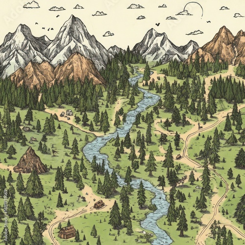 A hand-drawn wilderness map featuring trails, rivers, and mountains for outdoor adventurers. 