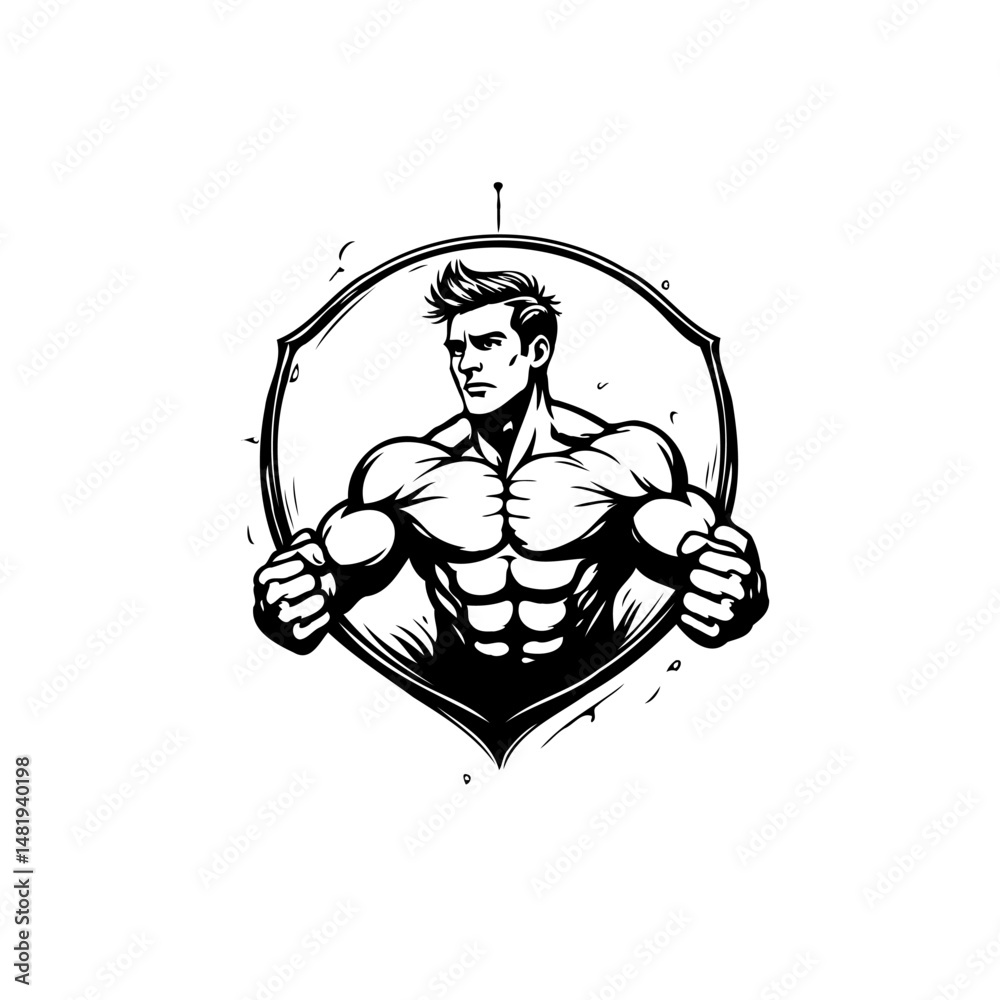Powerful physique illustration, strong man with a muscular body inside frame