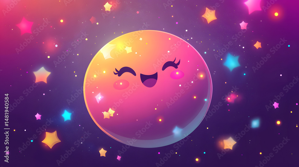 Naklejka premium A cheerful cartoon moon smiles amidst colorful twinkling stars, creating a whimsical night sky scene.