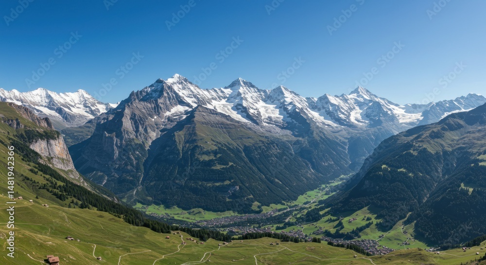 Obraz premium Breathtaking panoramic view of snow-capped mountains in Swiss Alps under clear blue sky