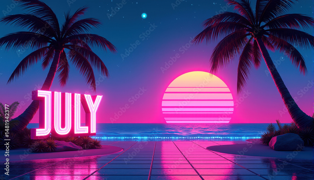 Naklejka premium July neon tropical sunset design for summer posters and graphics