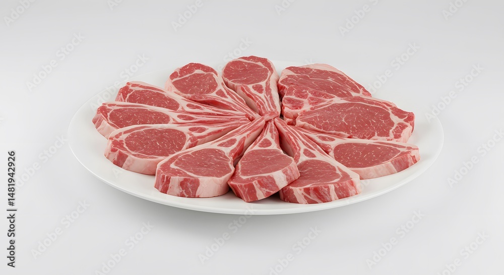 Lamb Chops Array on White Plate, Gourmet Meat Selection Lamb Chops Array on White Plate, Gourmet Meat Selection