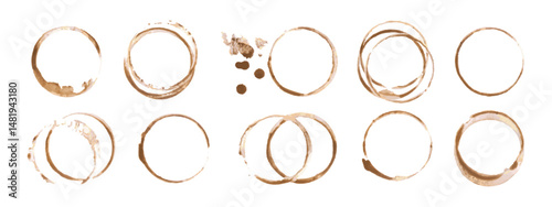 Coffee or tea stain drink cup rings vector illustration set isolated on white background. Coffee stain marks ring cup spot trace. Brown round splashes of drink collection.