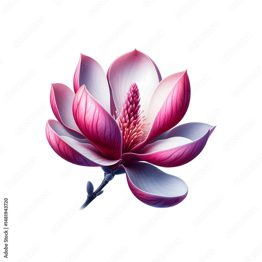 Naklejka premium Beautiful pink magnolia flower blossom isolated on black background artwork on transparent background