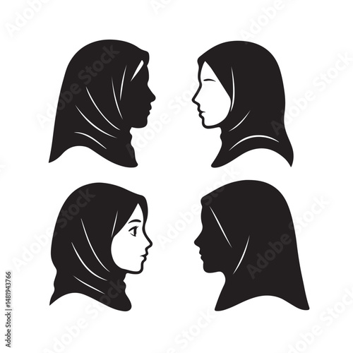 Bold headscarf side profile icons silhouette set