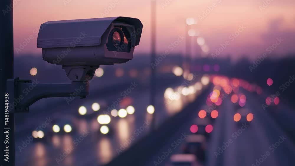 Camera is mounted on a pole on a street. The street is busy with cars and the camera is recording the traffic Camera is mounted on a pole on a street. The street is busy with cars and the camera is recording the traffic