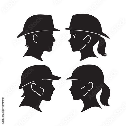 Male and female firefighter head profiles silhouette set