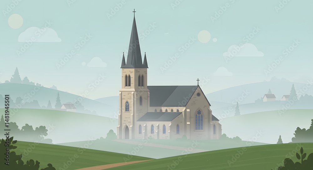 Naklejka premium Serene Church Landscape in Morning Mist