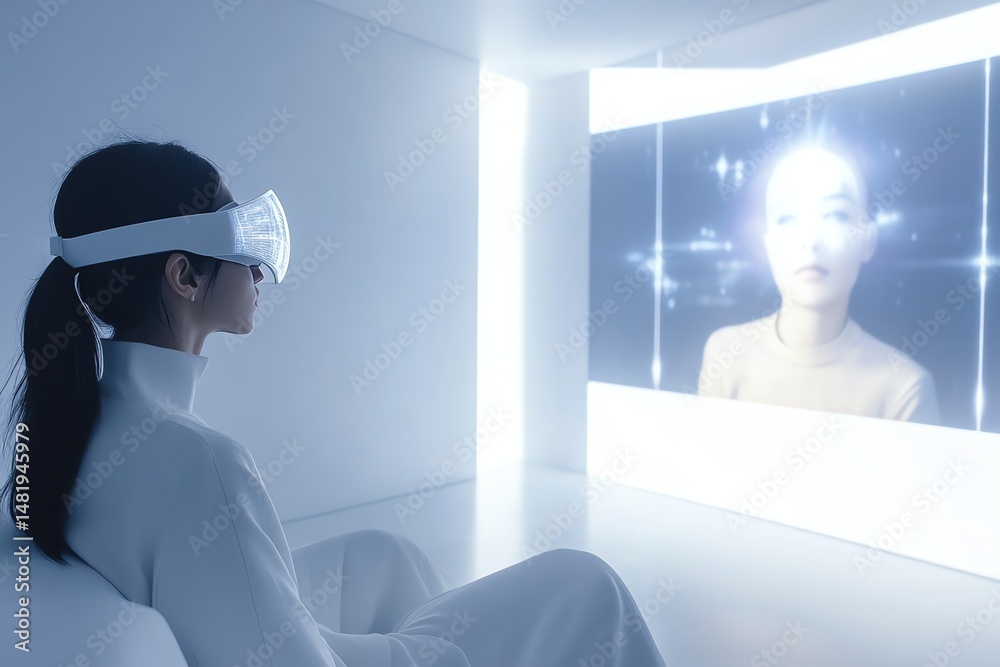 Fototapeta premium Person using virtual reality in futuristic space.