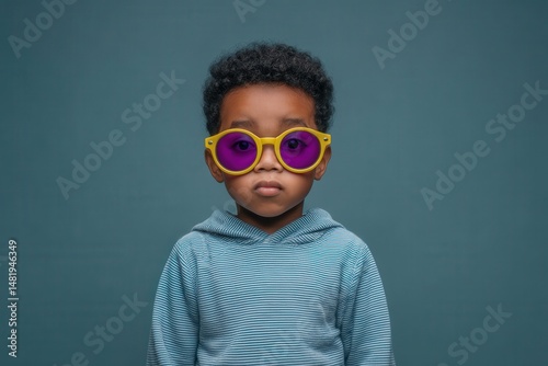 Young boy wearing oversized yellow sunglasses with purple lenses and a striped hoodie displaying a serious expression in a minimalist blue background setting conveying modern childhood style and