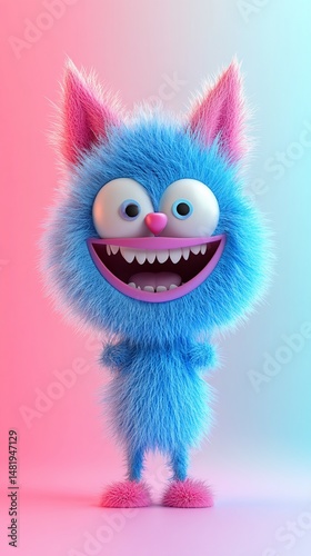 A fluffy, blue creature with large eyes and a wide grin stands against a pink and blue gradient background